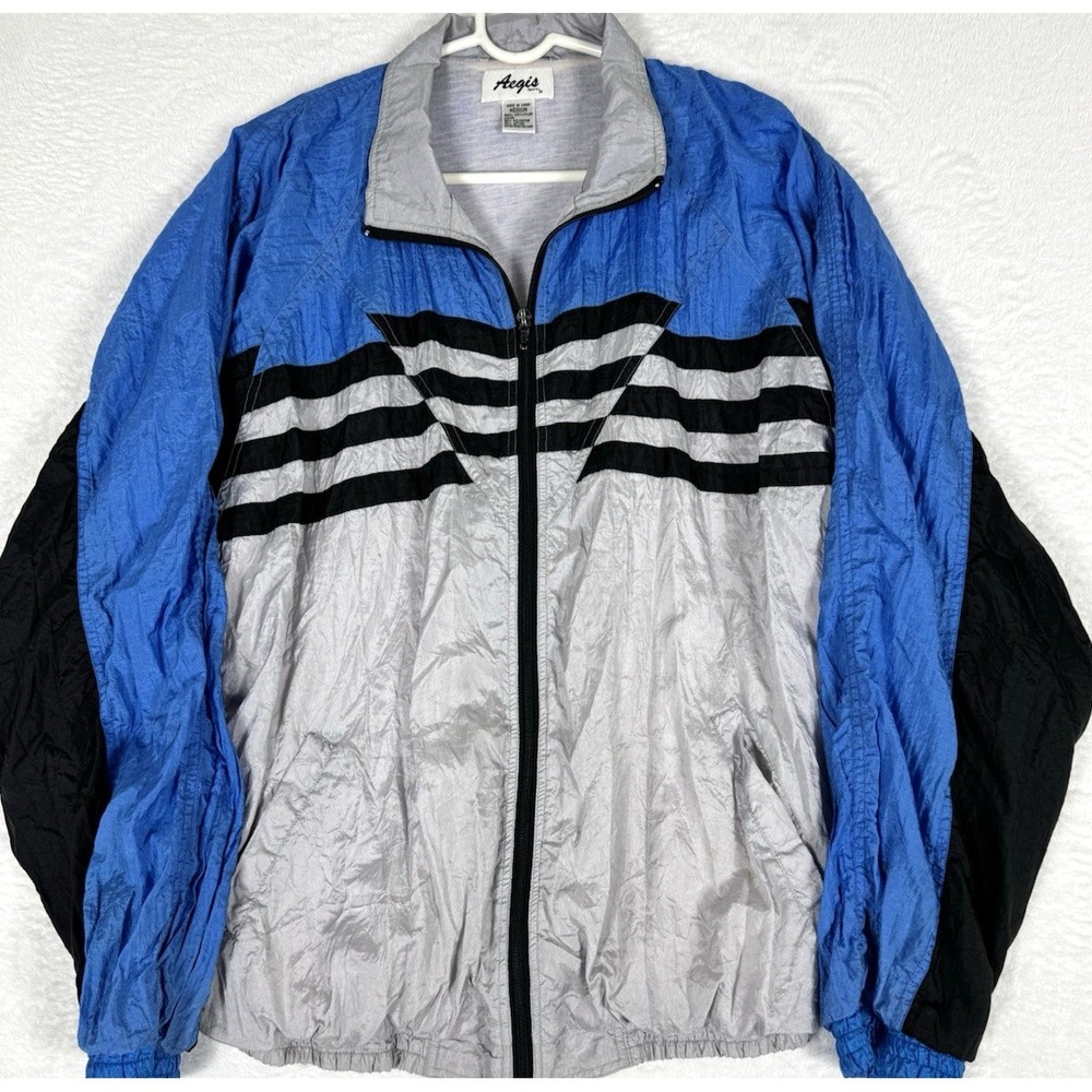 VTG 90's Aegis Sports track jacket Windbreaker Silver Blue MD